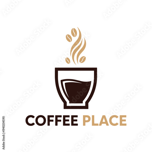 Coffee Place Logo - Aromatic Coffee Cup with Coffee Beans and Steam.