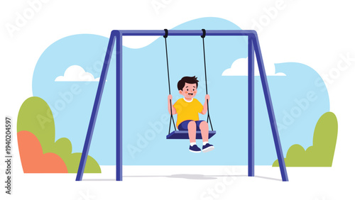 Happy little boy joyfully swinging on a swing set in a colorful playground, symbolizing childhood fun, outdoor activities, and recreation.