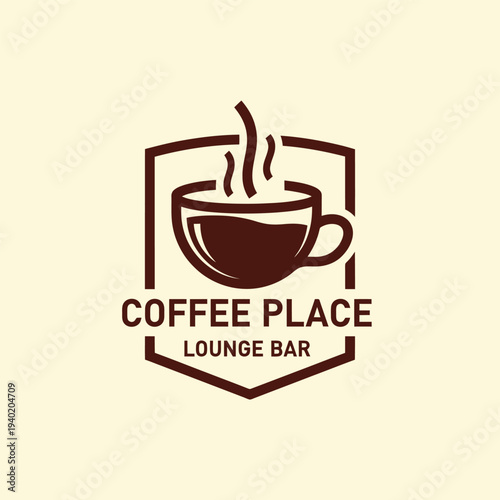 Coffee Place Lounge Bar Logo Design with Coffee Cup and Shield.