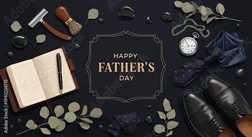 Stylish flat lay composition celebrating Father's Day with essential accessories for a distinguished gentleman