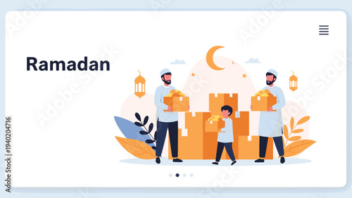 Men and a child joyfully distributing charity boxes, symbolizing generosity, community support, and Islamic values during the holy month of Ramadan.