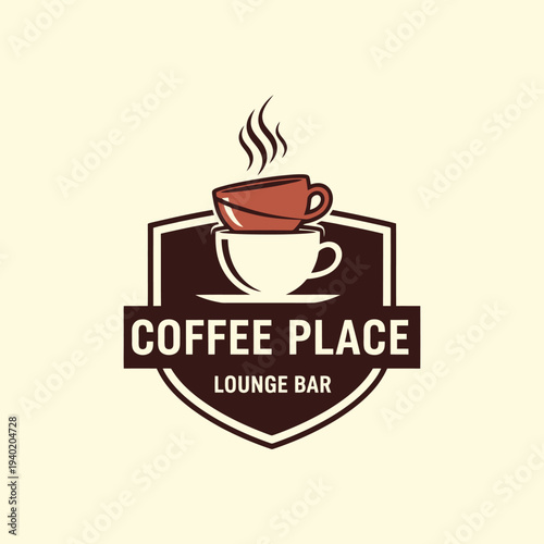 Coffee Place Lounge Bar Logo Design with Coffee Cups and Shield.