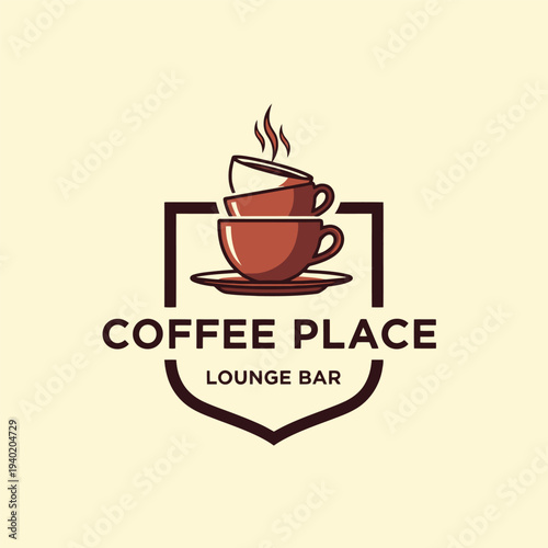 Coffee Place Lounge Bar Logo - Stacked Coffee Cups and Shield Design.