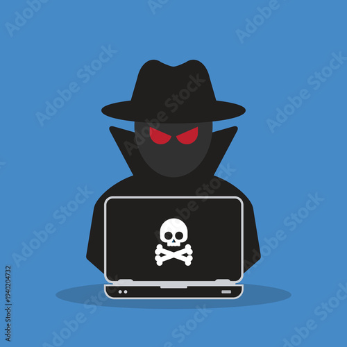 Cybersecurity Hacker Attack Concept – Anonymous Cyber Criminal with Laptop and Malware Skull Icon, Internet Security Threat, Data Breach, Phishing and Hacking Vector Illustration