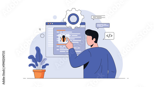 Programmer or developer finding and fixing bugs in software or website code, illustrating the debugging process.