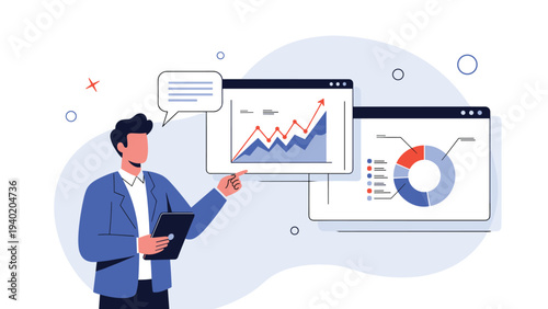 Professional man presenting business analytics and financial reports with various charts and graphs on digital screens.