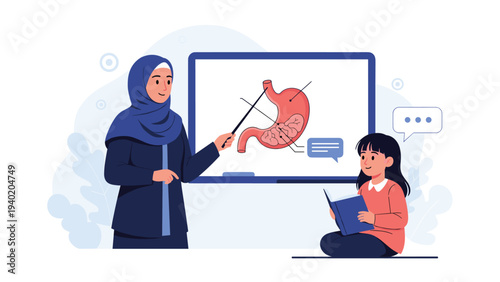 Female teacher wearing a hijab explaining human stomach anatomy to a young girl student in a classroom setting.