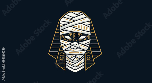 Mysterious Egyptian Mummy Mask with Intricate Gold Patterns on Dark Blue Background