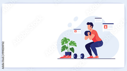Young man performing squats with dumbbells at home or in a gym, focusing on strength training and fitness.