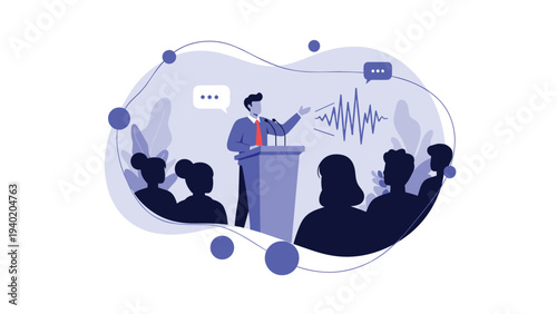 Public speaker giving a compelling speech or presentation to an engaged audience at a conference or event.