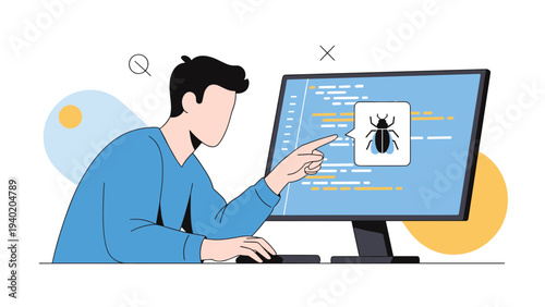 Programmer or developer working on a computer, pointing at a bug icon on the screen while debugging code.