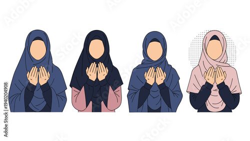 Group of four Muslim women praying, depicted in various traditional hijab styles and postures of worship.