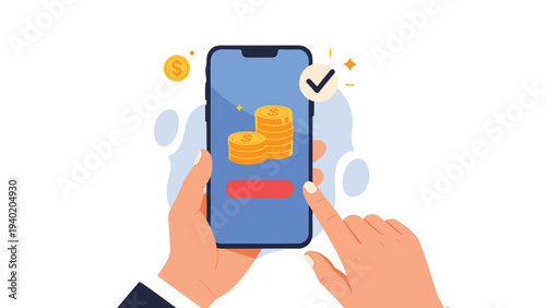 Hands interacting with a smartphone displaying stacked coins and a checkmark, symbolizing successful mobile payment or earning.