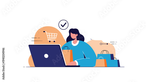 Woman happily shopping online using her laptop, surrounded by shopping bags and a flying shopping cart icon.