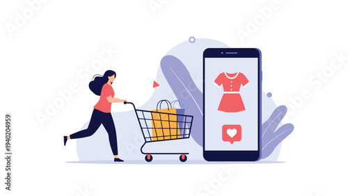 Woman pushing a shopping cart, looking at a smartphone displaying clothes for online shopping with a heart icon.