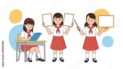 Set of three cheerful young schoolgirls in uniforms, posing with blank frames and a clipboard, ready to learn.