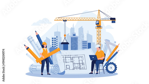 Architectural and construction scene with architects reviewing blueprints and a crane lifting materials in a city.