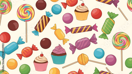 Colorful seamless pattern featuring a delightful assortment of candies, lollipops, and cupcakes on a light background.