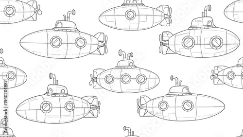 Seamless pattern of detailed line art illustrations depicting various submarines, evoking a sense of exploration.