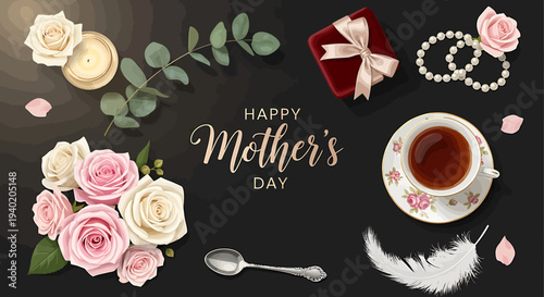 Elegant Mother's Day flat lay with roses, gift box, teacup, and pearl necklace on dark background