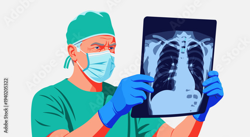 vector of doctor in medical mask and gloves examining a chest X-ray, pulmonary diagnosis, medical checkup, healthcare professional