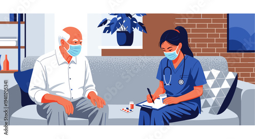 vector of nurse consulting with elderly male patient at home, home care, medical visit, senior healthcare