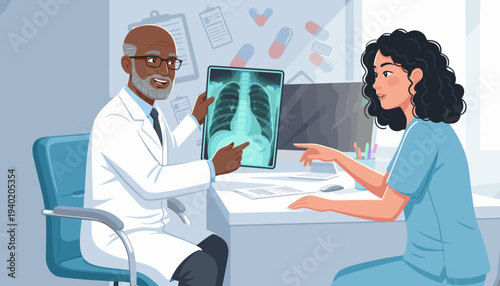 vector of doctor showing chest X-ray to a medical assistant, professional discussion, pulmonary disease diagnosis