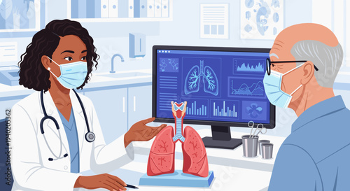 vector of doctor explaining lung anatomy using a model and screen to elderly patient, medical consultation, respiratory education