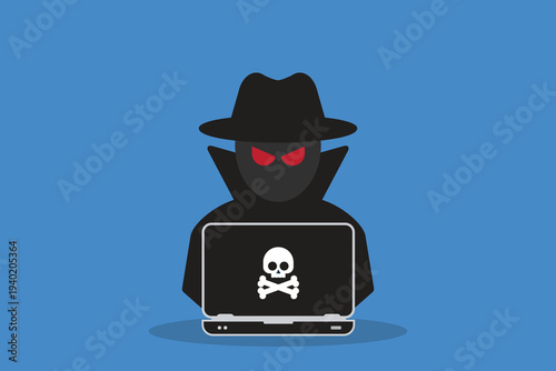 Cybersecurity Hacker Attack Concept – Anonymous Cyber Criminal with Laptop and Malware Skull Icon, Internet Security Threat, Data Breach, Phishing and Hacking Vector Illustration