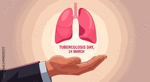 vector of hand holding glowing human lungs with 'Tuberculosis Day, 24 March' text, world TB day awareness concept