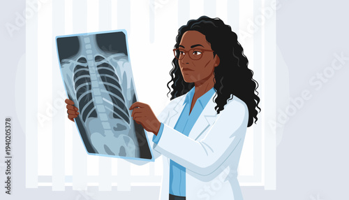 vector of female doctor in glasses examining a chest X-ray, pulmonary diagnosis, medical imaging, diagnostic procedure