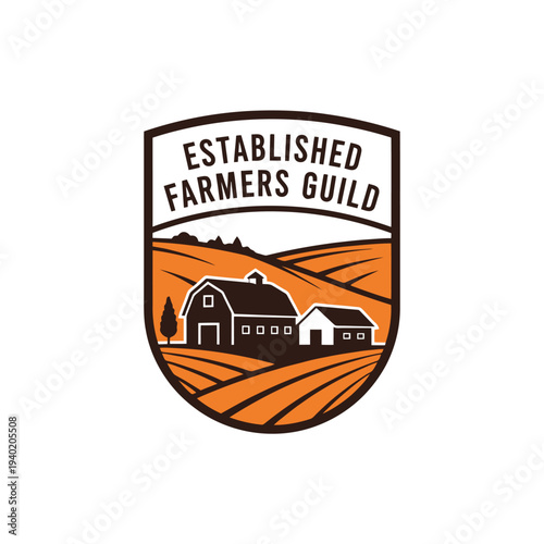 Established Farmers Guild Logo Depicting a Farm Scene with a Barn and Fields.