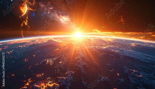 Spectacular view of a vibrant planetary sunrise over the cloud-covered horizon with a neighboring celestial body visible.