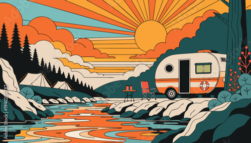 Retro Camper Trailer Camping by River at Sunset in Mountain Forest Landscape Flat Vector Illustration
