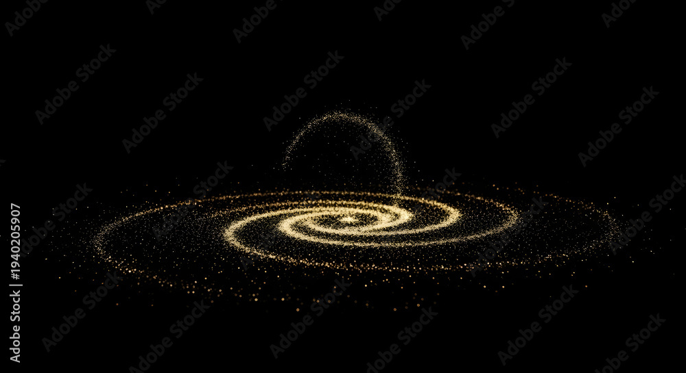 Fototapeta premium Mesmerizing golden stardust forms a luminous cosmic spiral, evoking a sense of magical energy and celestial wonder in an ethereal, abstract galaxy design, perfect for backgrounds and digital art