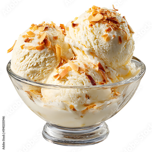 Delicious coconut ice cream scoops in a glass bowl topped with toasted flakes