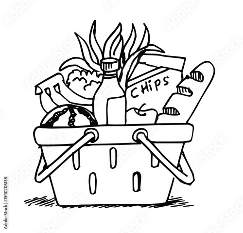 Full basket of food, grocery shopping, special offer, vector line icon design