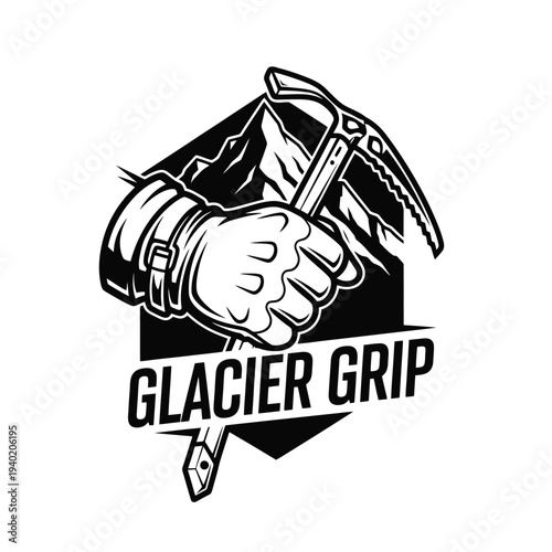 Glacier Grip logo featuring a gloved hand holding an ice axe with mountain backdrop.