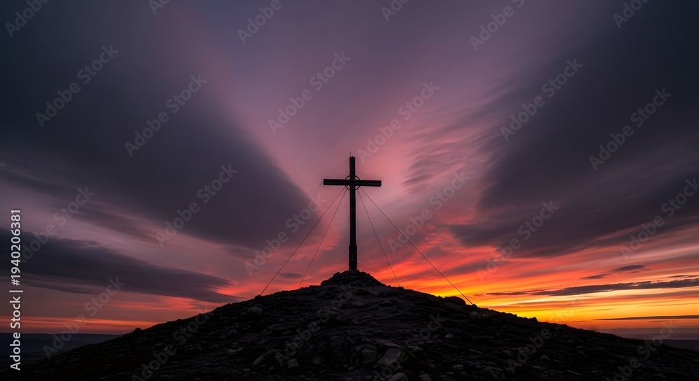 Obraz premium Silhouette of a cross on a hill against a dramatic sunset sky.