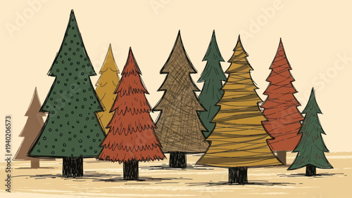 Stylized illustration of a diverse group of evergreen trees in various colors.