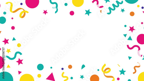 Vibrant Confetti and Streamers Border on White Background.