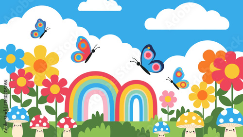 Vibrant Butterflies and Rainbows in a Whimsical Garden Scene.