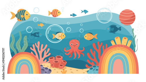 Vibrant Underwater Scene with Diverse Marine Life and Colorful Corals.