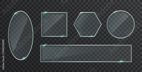 Realistic transparent panels with crystal shine, modern plexiglass board mockup on white background for UI design and contemporary projects