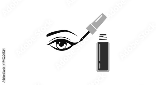 Mascara wand applying dark mascara to full eyelashes on an eye, beauty cosmetic process, isolated white background.