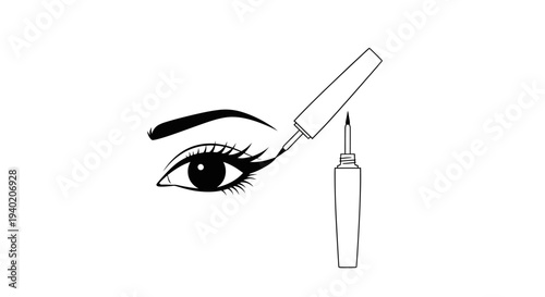 Female Eye with Winged Eyeliner and Liquid Eyeliner Bottle with Brush Applicator, Isolated White Background