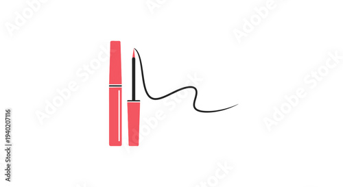 Red Mascara Tubes with a Curved Eyeliner Line on an Isolated White Background