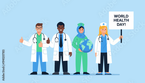 Diverse Medical Team Doctors and Nurses World Health Day Vector Illustration