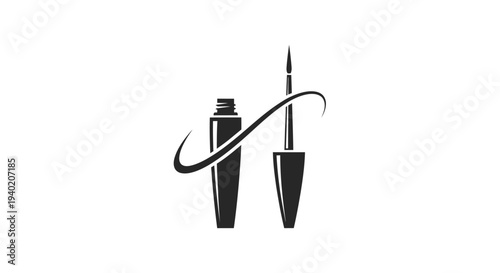 Mascara Tube and Brush Creating a Swirl Stroke on an Isolated White Background