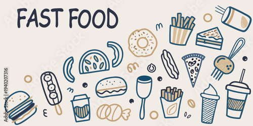 Colorful doodle illustration featuring various types of fast food items